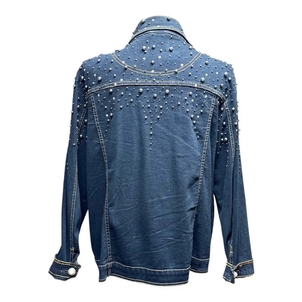 The Quacker Factory Rhinestone Pearl Studded Denim Jean Jacket Blue Large